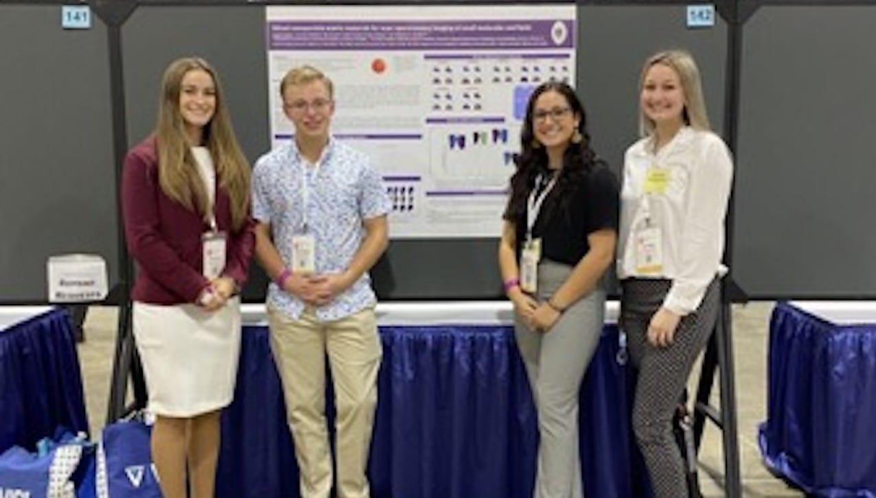 Four University of Scranton undergraduate student presented their research at the American Society for Mass Spectrometr’s 69th annual conference. Katherine Stumpo, Ph.D., adjunct professor in the Department of Chemistry at Scranton, served as a faculty mentor to the students. From left: Scranton undergraduate students Angela Hudock, Cameron Shedlock, Mia Gianello, and Taylor Moglia.