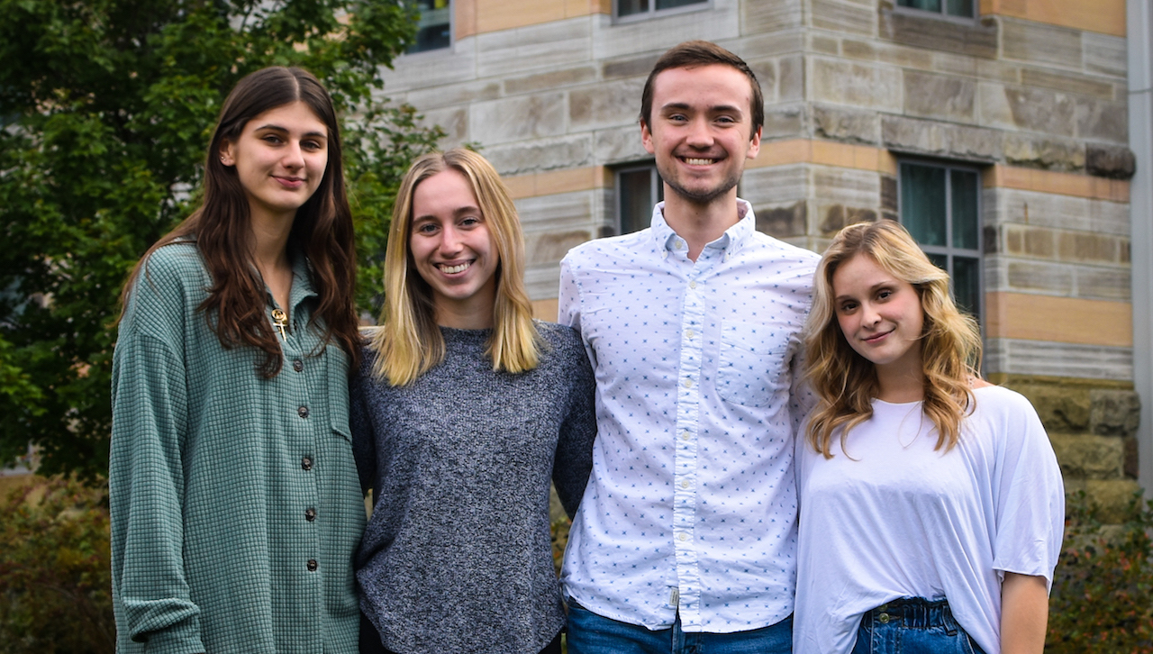 Five University of Scranton Students received Excellence in STEM Program Sanofi US Summer Research Awards, which provided support for the students’ independent research projects. From left: Olivia Sander ’23, Elisa Yanni ’22, Michael Quinnan ’23 and Victoria Caruso ’22. Award recipient Nia Long is absent from photo.