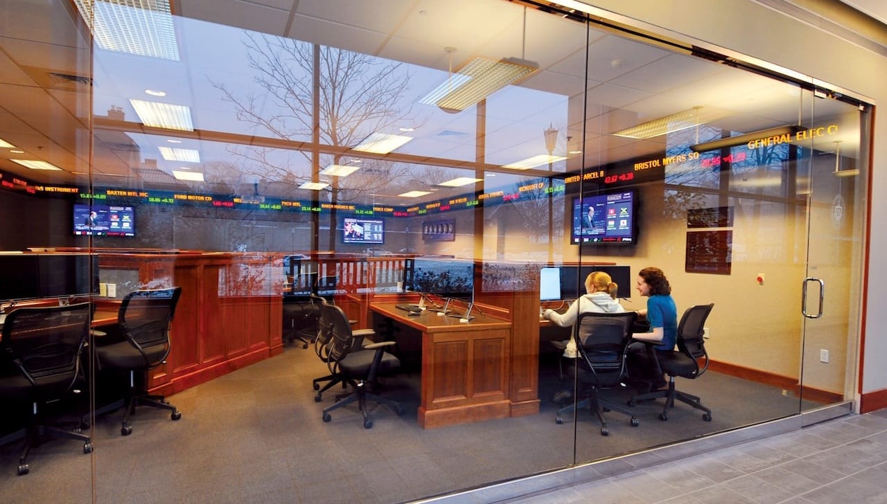 University of Scranton students learn using the latest equipment and Bloomberg terminals in the Irwin E. Alperin Financial Center of Brennan Hall, which simulates a trading floor, and is fully equipped with an electronic ticker and other news and data displays.