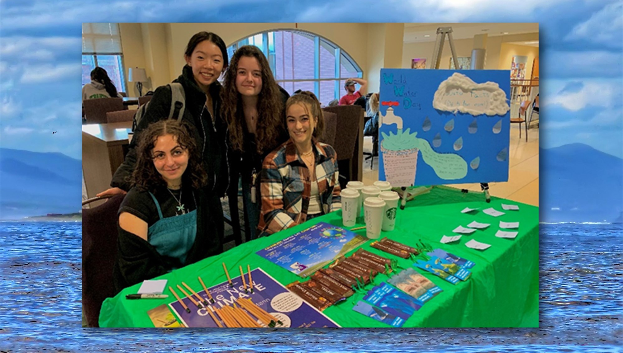 Office of Sustainability’s table for World Water Day; pictured left to right: Karla Shaffer, Emily Burgers, Emma Warras, Angela Hudock. Pictured in the photo below: ARAMARK’s table for World Water Day, left to right: Alex Ferrador and Cayman Webber 