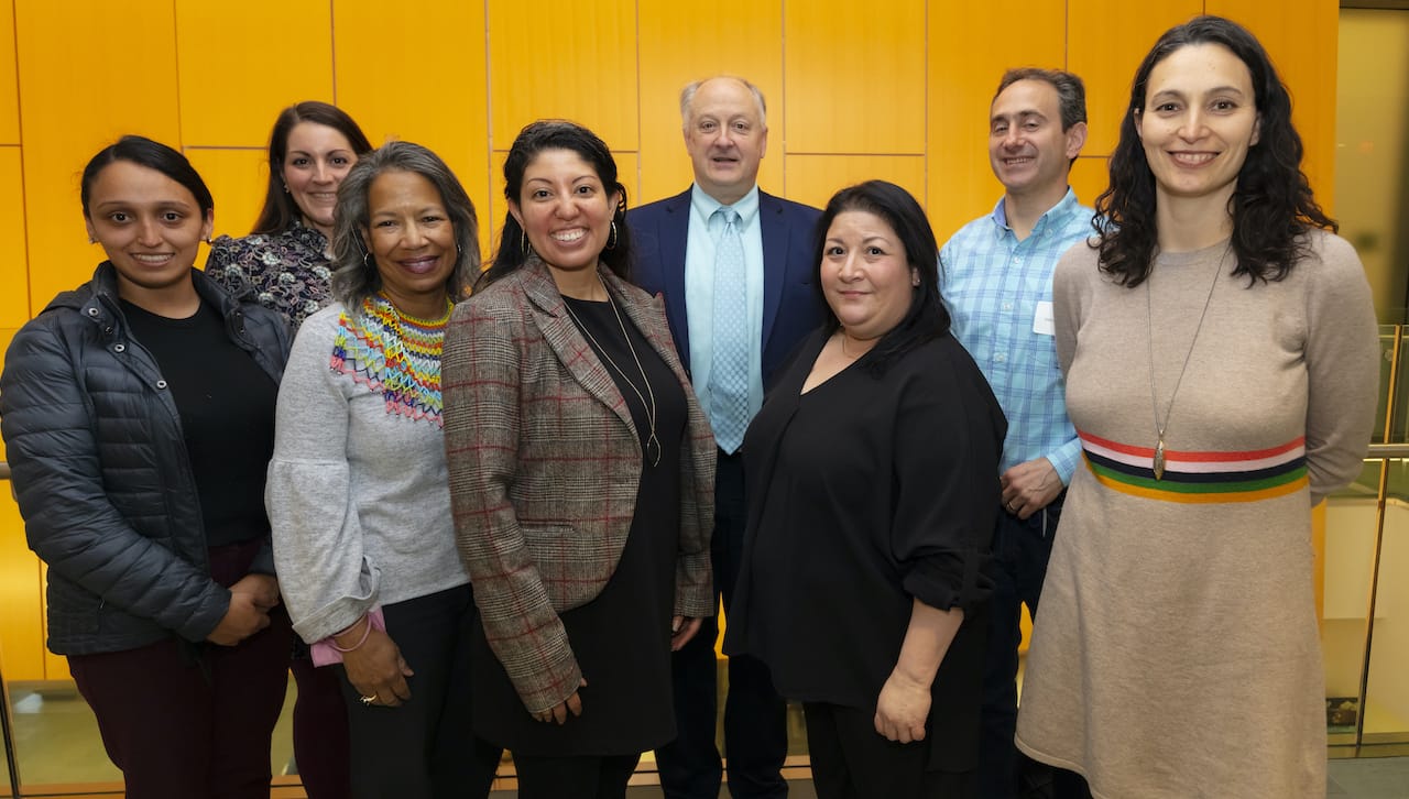 The University of Scranton held a political dialogue “Freedom and Our Founding.” Front row from left: Jenny Gonzalez, local advocate; Lia Richards-Palmiter, Ph.D., director of the Office of Diversity Efforts at Marywood University; Alejandra Marroquin, Scranton Immigrant Inclusion Committee co-chair; Teresa Grettano, Ph.D., associate professor and director of First-Year Seminars; and Julie Cohen, assistant vice president for Community Engagement and Government Affairs. Back row front left: Carolyn M. Bonacci, Community and Civic Engagement Coordinator of External Affairs; Chris Norton, chief content officer, WVIA; and Gus Fahey, president of Valley in Motion. 