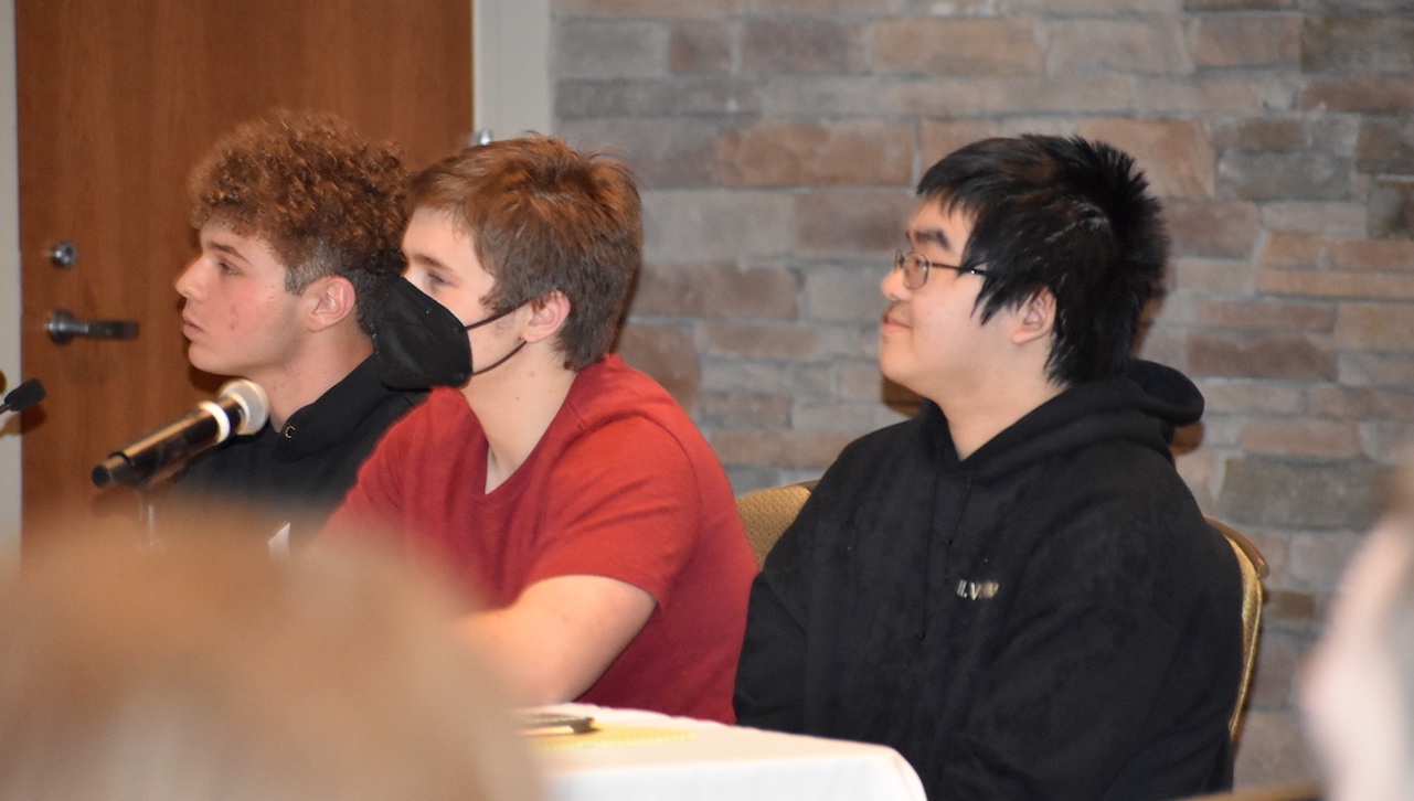 The University of Scranton hosted its annual Hayes Family Science Competition for High School Physics and Engineering Students at which students competed individually and in teams. Three finalists who participated in a Jeopardy style quiz for individual prizes were, from left, Matthew Pelleschi, from Wyoming Area High School, who came in second place; Noah Beckish from North Pocono High School, who came in first place; and Anderson Zou from West Scranton High School came in third place. A team from Berwick High School won the team competition.