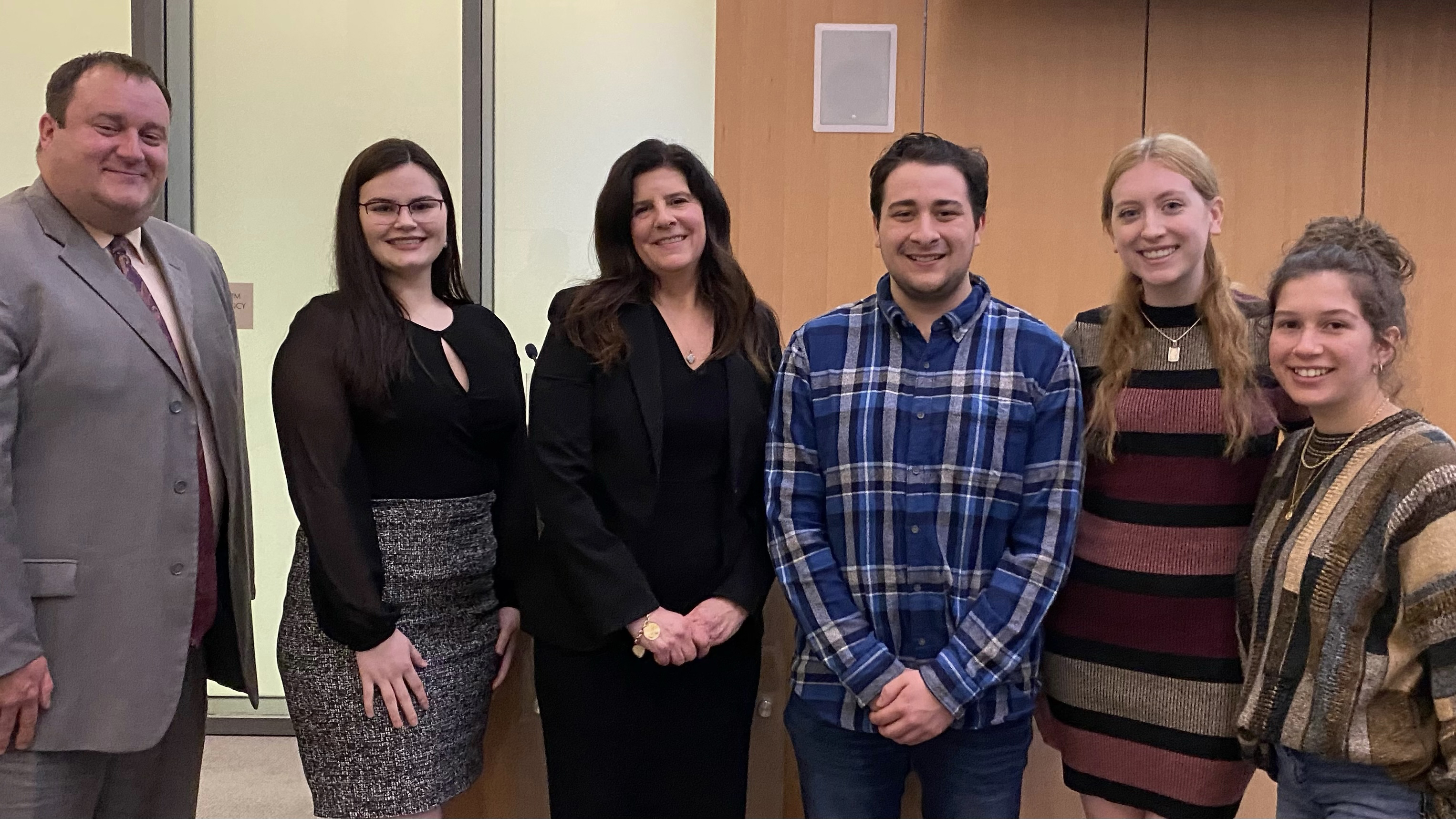 From left: Pre-Law Society Advisor Attorney Jason Shrive, Pre-Law Society President Brea Rutledge, The Honorable Janine Edwards, Pre-Law Society Vice President Nicholas Cerep, Pre-Law Society Social Media Chair Jaime Schurra, Pre-Law Society Secretary Adelyne Ibanez