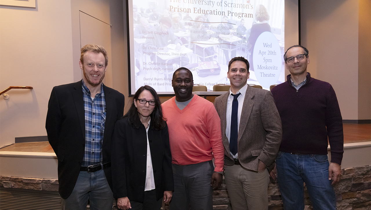 Panelists during a Prison Education Program panel featured several faculty members who taught in the program and a special guest, from left: Declan Mulhall, Ph.D., professor of engineering at Scranton, Christie Karpiak, Ph.D., professor of psychology, Darryl Byers-Robinson, an alumnus of the Bard Prison Initiative who was featured in the documentary “College Behind Bars,” Chris Haw, Ph.D., program director and professor of theology, and Will Cohen, Ph.D., professor of theology. 