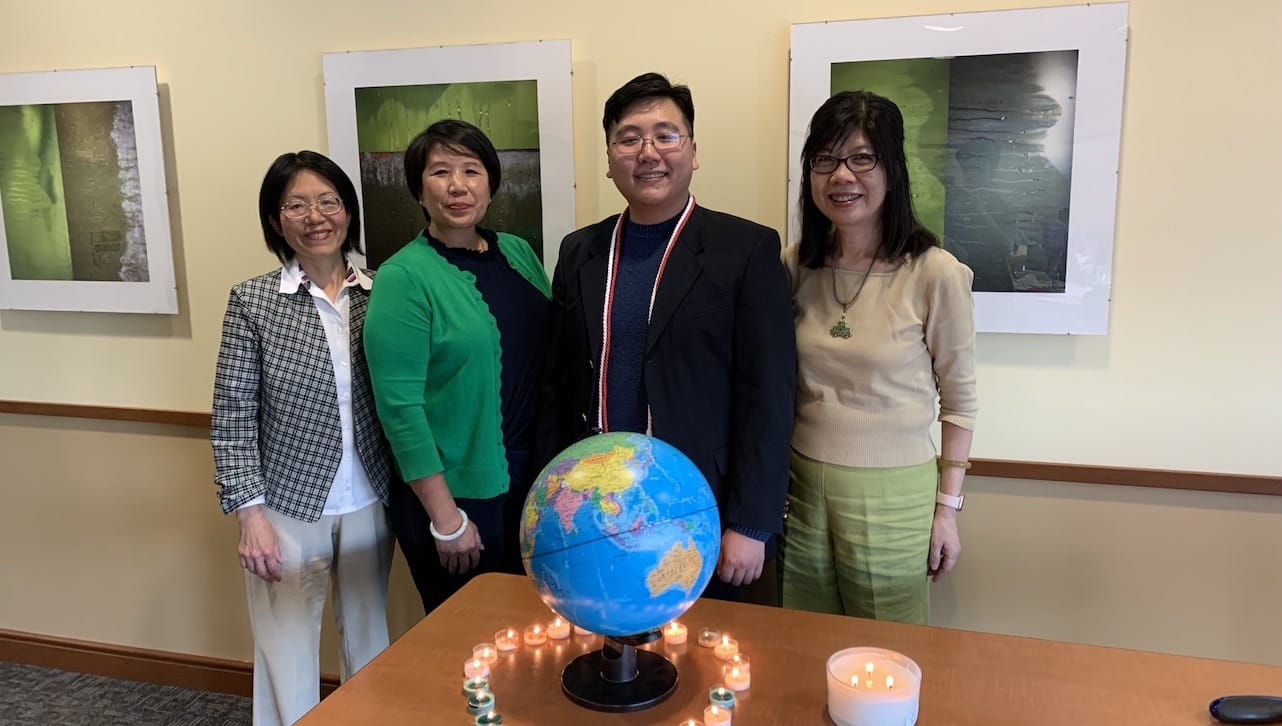 University of Scranton student Alex Chan ’23, Wilkes-Barre, received a 2022 Huayu Enrichment Chinese Language Immersion Scholarship to study at Fu Jen Catholic University, a Jesuit university in Taipei, Taiwan. From left are: Shuhua Fan, Ph.D., professor of history at Scranton; Joyce Cheng, Alex Chan’s mother; Alex Chan; and Ann Pang-White, Ph.D., director of Asian Studies and professor of philosophy at Scranton.