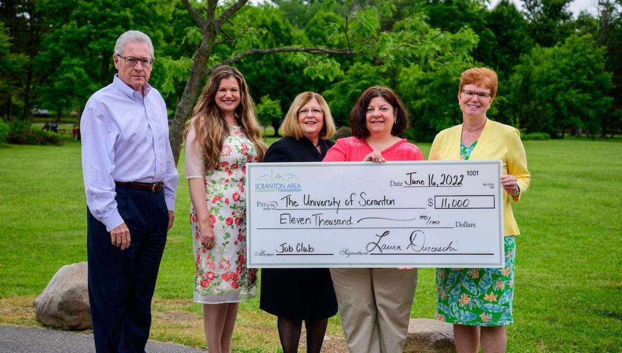 The University of Scranton received an $11,000 grant from the Scranton Area Community Foundation to support a six-week program that helps teens and young adults with Autism Spectrum Disorder (ASD) in Northeastern Pennsylvania develop the necessary technical and soft skills to prepare them to secure meaningful employment. From left: David Price, Board Treasurer, Scranton Area Community Foundation; Laura Ducceschi, President and CEO, Scranton Area Community Foundation; Barbara O’Hara, Esq., Board Chair, Scranton Area Community Foundation; Rebecca Spirito Dalgin, Ph.D., Professor, Counseling and Human Services Department, The University of Scranton; and Meg Hambrose, Director of Corporate and Foundation Relations, The University of Scranton. 