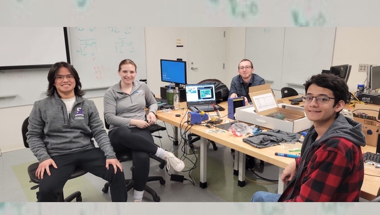 An atmospheric sensing device built by University of Scranton undergraduate students was among just 60 devices launched into space by NASA in a rocket on June 24. The device was built as part of a special NASA program called RockOn!. University students working on their project in a physics lab on campus are, from left: Cuong Nguyen, Ellie Rosentel, Mergim Berisha and Gerard Piccini.