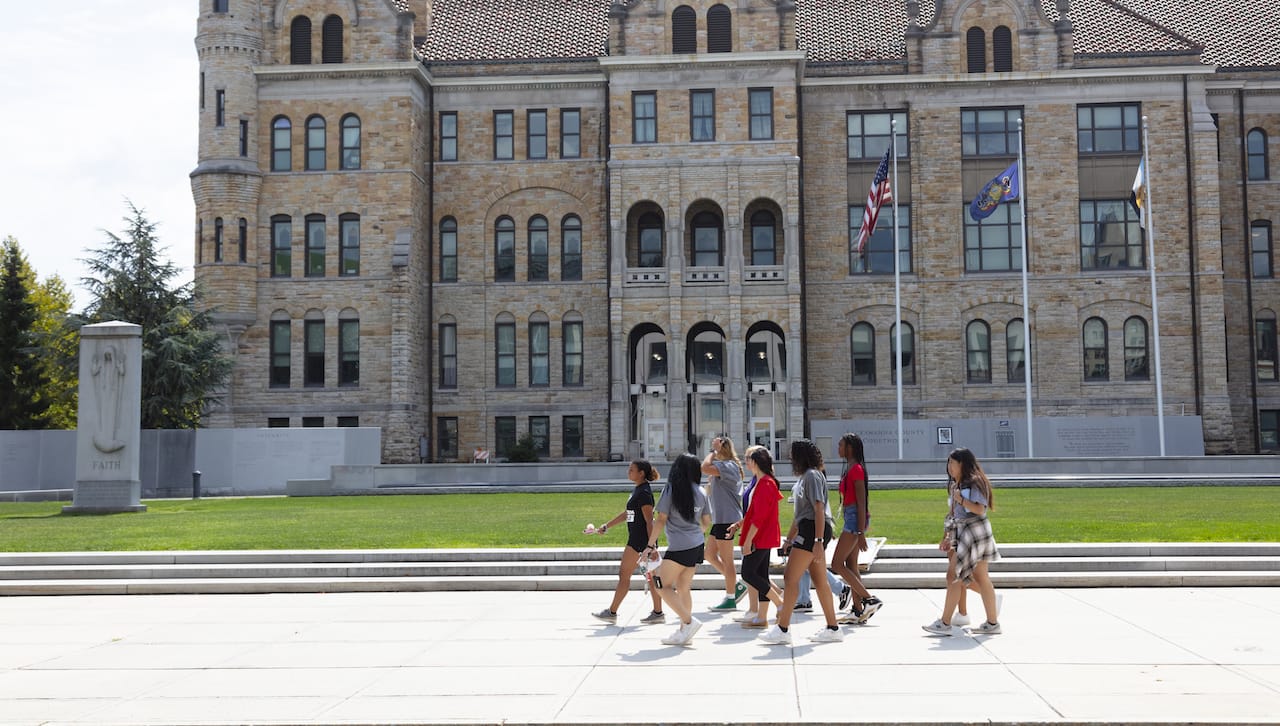 Members of The University of Scranton’s class of 2026 participating in the Royals of Color Kickoff (ROCK) tour downtown Scranton. The class of 2026 is the most diverse in the history of the University, with 285 incoming students identifying as a person of color.