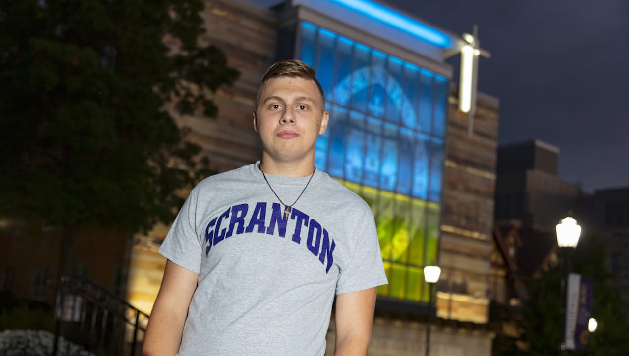 Eighteen-year-old Serhii Kuzmin Jr. from Kharkiv, Ukraine, arrives on the campus of The University of Scranton as a member of the Jesuit school’s class of 2026. He will major in computer science.