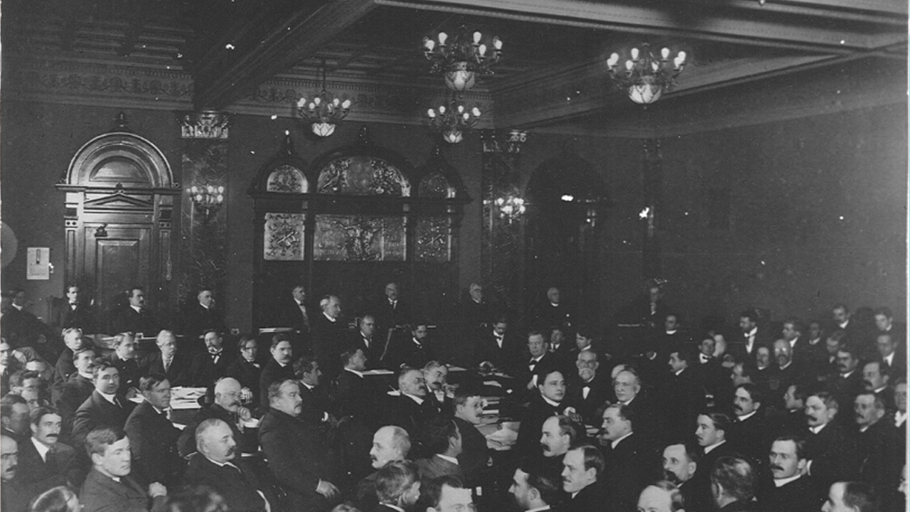 Historic image of Courtroom 3 in the Lackawanna County Courthouse during the 1902 Anthracite Labor Strike courtesy of the Lackawanna Historical Society. 