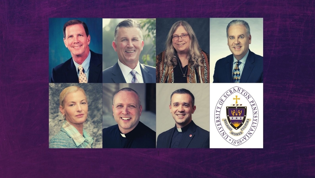 Seven headshot images featuring Board of Trustees members.