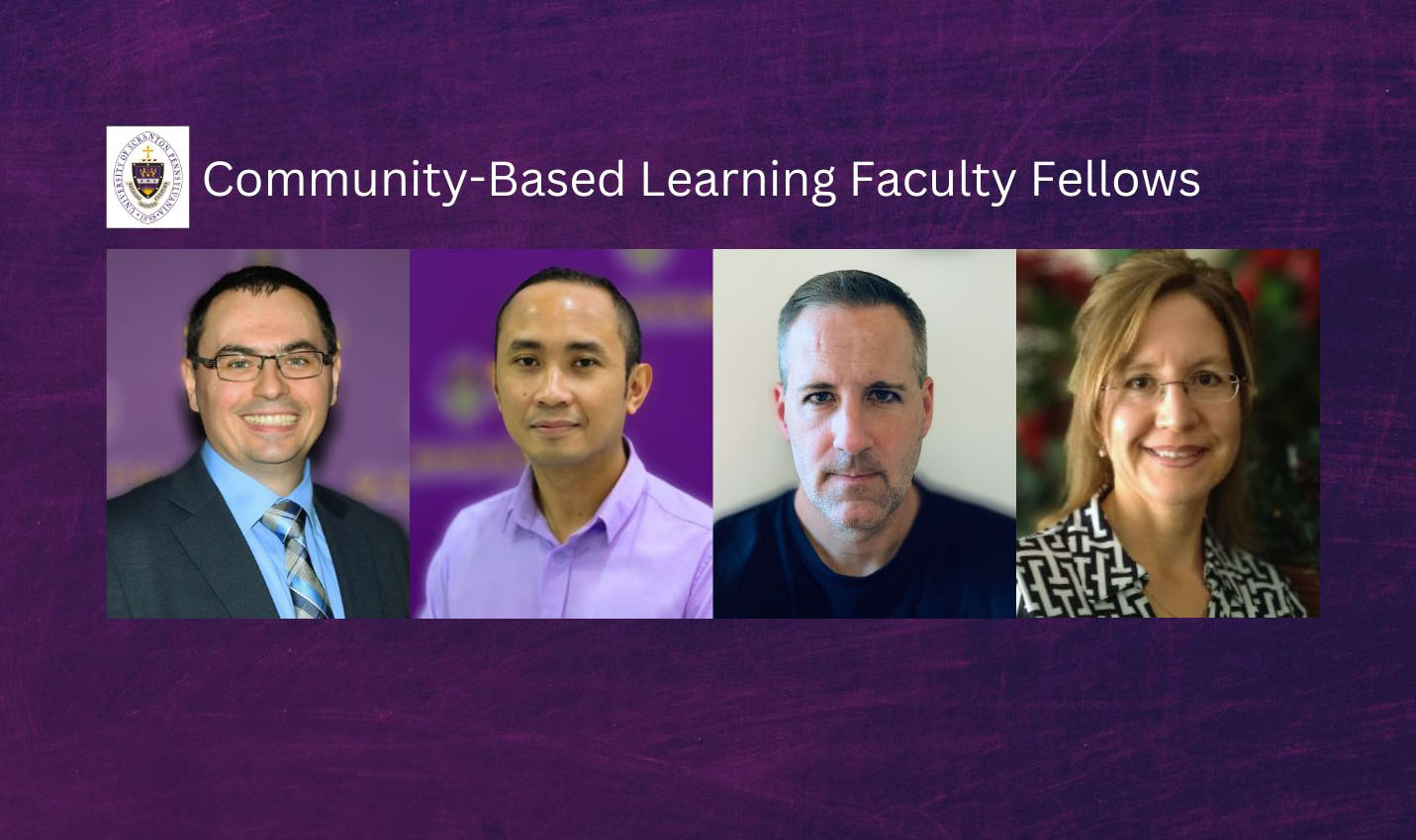 Image of four Community-Based Learning Faculty Fellows and University crest