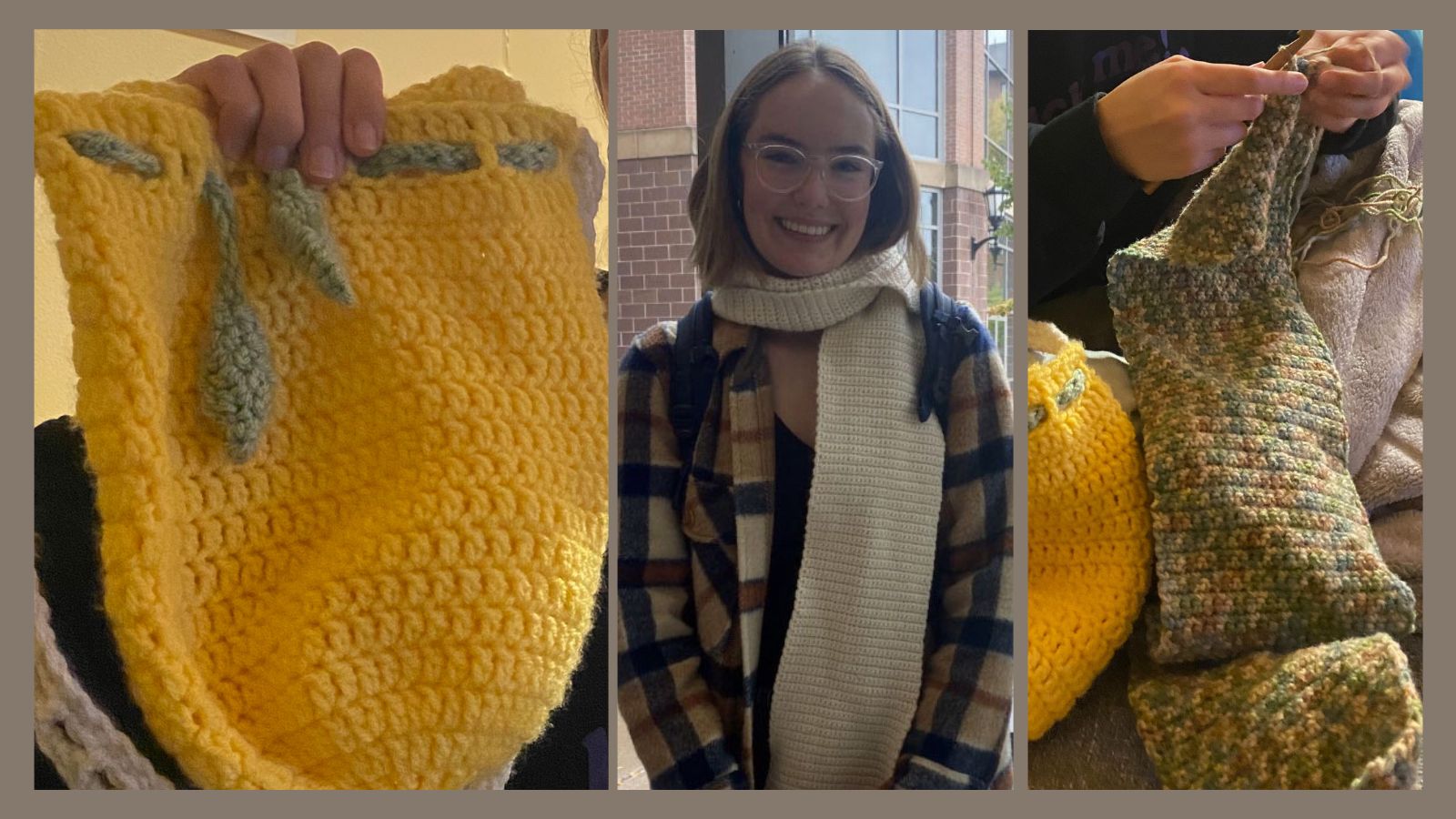 Knitting Club President Cayman Webber ‘24, with scarves and a satchel that she handcrafted.