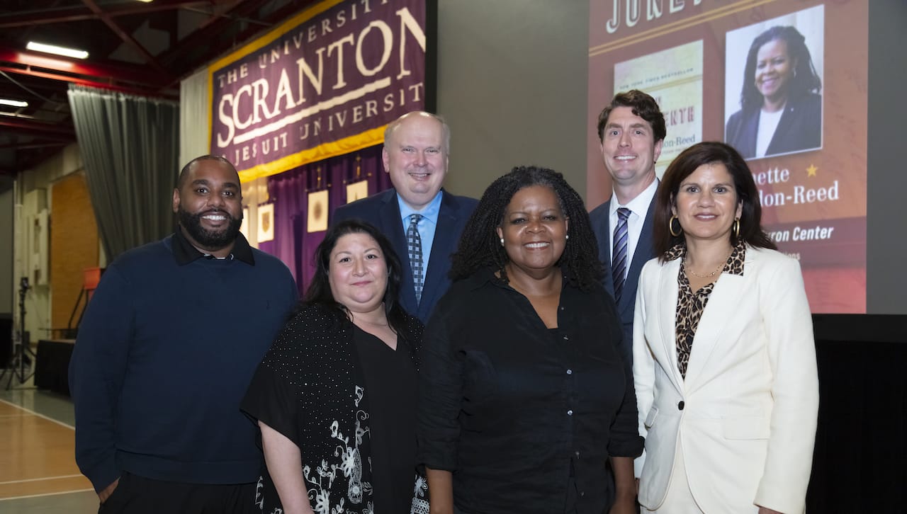 From left: Anthony Betancourt, Ph.D., assistant professor of psychology; Teresa Grettano, Ph.D., associate professor of English and theatre; David Marx, Ph.D., associate provost of academic affairs; guest speaker Gordon-Reed; David Dzurec, Ph.D, interim dean of college of arts and sciences; Michelle Maldonado, interim provost and senior president for academic affairs.