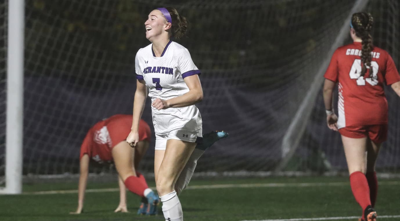 Sophomore Emily Bannon, shown, scored the eventual game-winner in the 95th minute in the first overtime period and The University of Scranton top-seeded women's soccer team (15-2-1) held on for a 1-0 victory over the No. 4 seed Catholic University Cardinals (3-10-5).