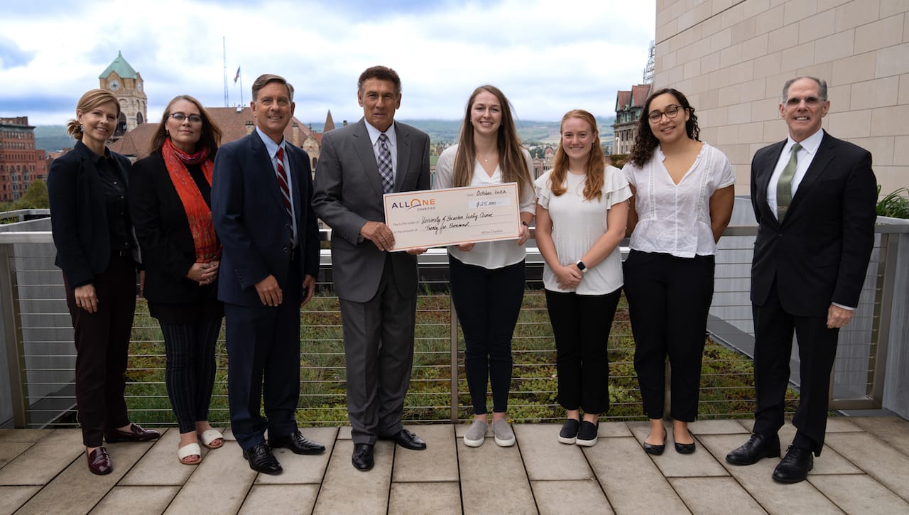 AllOne Charities has awarded a $25,000 grant to The University of Scranton Physical Therapy Community-Based Outreach Program, which will extend free physical therapy services offered by Doctor of Physical Therapy (DPT) students to vulnerable populations in the region. From left: Renee Hakim, Ph.D., professor and chair of the Physical Therapy Department at The University of Scranton; Lori Walton, Ph.D., DPT, professor of physical therapy at Scranton; Pete Danchak, AllOne Charities board member; Frank Apostolico, AllOne Charities board member; University of Scranton DPT students: Alesia Heimes ’20, Endwell, New York; Hailey Kenyon ’20, Ringoes, New Jersey; and Briana Abrams ’20, Torrington, Connecticut; and John Cosgrove, AllOne Charities chief executive officer (CEO).