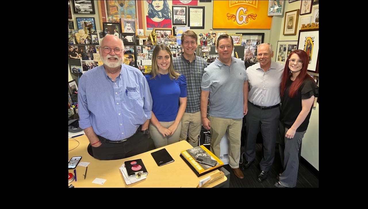 The University of Scranton Robert L. McKeage Business Leadership Honors Program students and faculty visited Homeboy Industries in Los Angeles, California, and met with the organization’s founder, CEO and leadership team as part of a comprehensive branding project members of the elite program will undertake. From left: Rev. Gregory Boyle, S.J., founder of Homeboy Industries; McKeage Business Leadership Honors Program students Emma Boyle and Matthew Earley; Douglas Boyle, D.B.A., professor and chair of the Accounting Department at Scranton; Tom Vozzo, CEO of Homeboy Industries; and Ashley Stampone, D.B.A., assistant professor of accounting at Scranton.