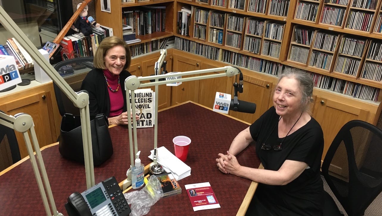 From left, Sondra Myers, director of the Schemel Forum at The University of Scranton, and Erika Funke, WVIA, discuss the Wienberg Memorial Library’s 2022 Distinguished Author Award dinner honoring Pulitzer Prize-winning and Tony Award-nominated playwright, novelist and screenwriter Ayad Akhta.