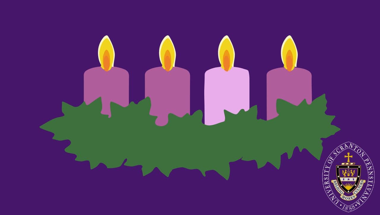 A graphic of an Advent Wreath over a purple background.