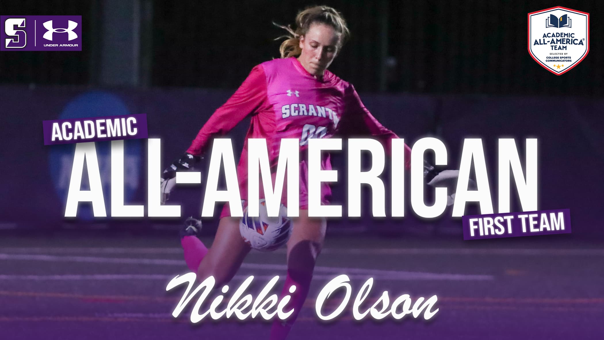 Sophomore goalie Nicole Olson, shown, of The University of Scranton women's soccer team, earned College Sports Communicators (CSC) Academic All-American First Team honors.