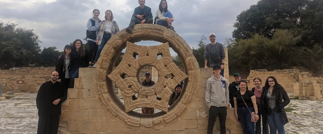 Moira Courtney '23 was among University students, shown, who participated during Intersession in a faculty-led study abroad trip to Jerusalem, Israel. The group, Theology/Religious Studies 296: Christianity in the Middle East is shown at Hisham's Palace.
