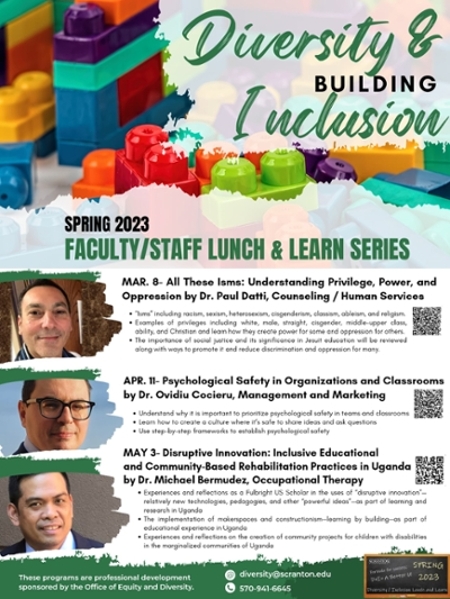 Poster with white background, colorful building blocks, Building Diversity and Inclusion title, photos of Dr Paul Datti, Dr. Ovidiu Cocieru, and Dr. Michael Bermudez and the event information listed inn the article. 