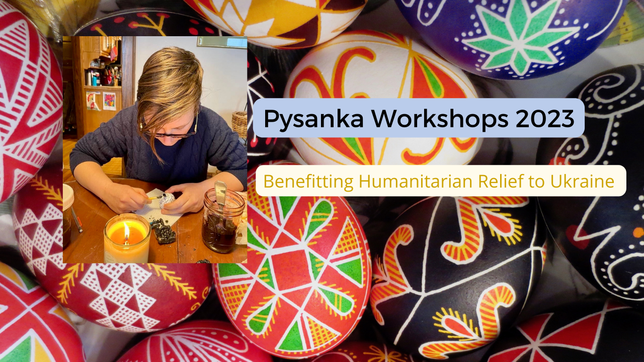 pysanka eggs and Dr. Amelia Randich writing pysanka