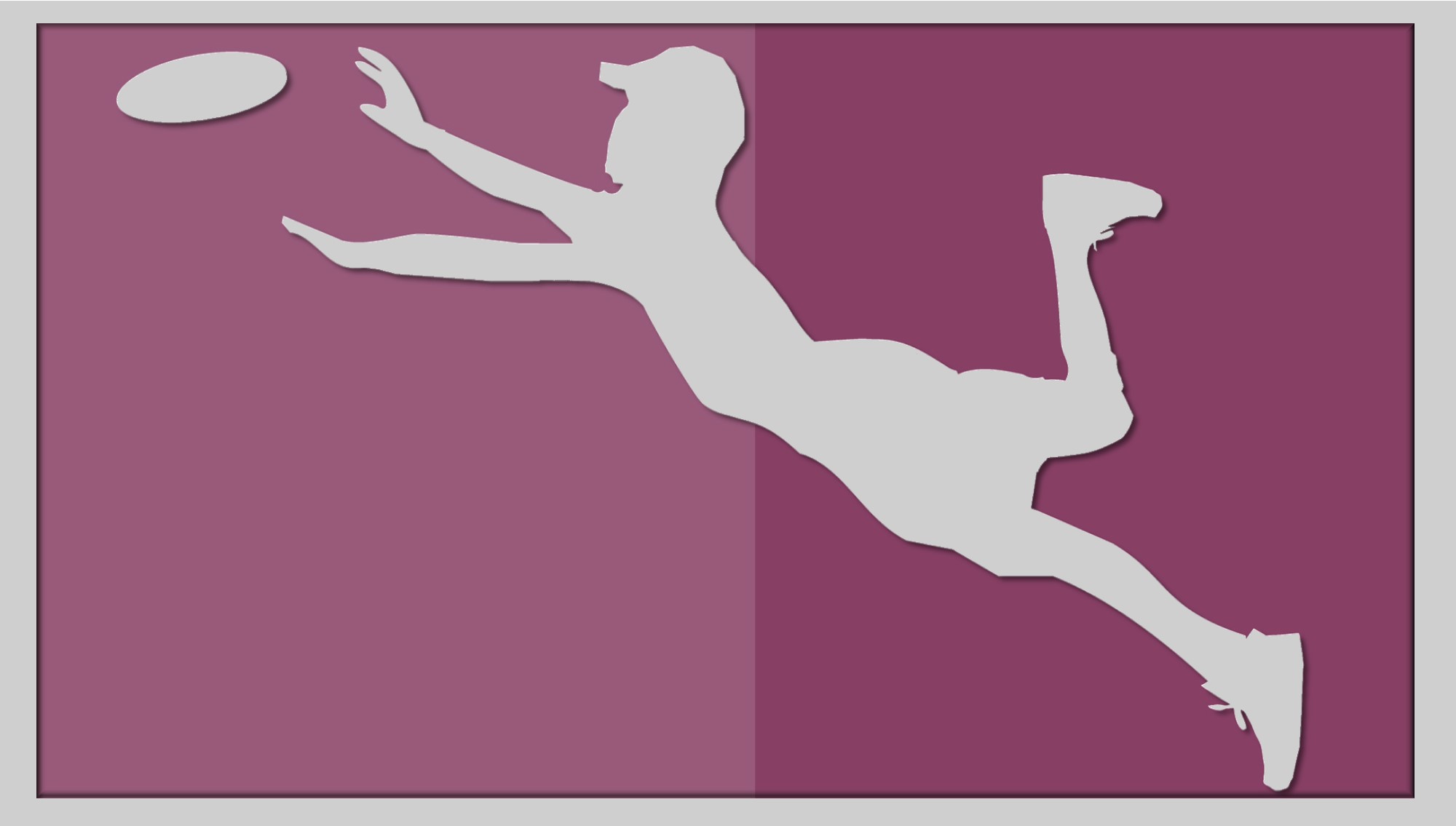 person outstretched in a jump to catch a flying disc, gray silhouette against purple and lavender background.
