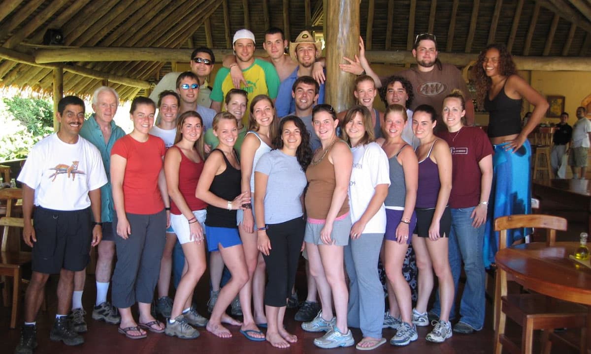 A University of Scranton tropical biology trip, circa Jan 22, 2007, at Luna Lodge, Costa Rica.At left, with University students, are Guide Miguel and Dr. John Conway wearing a blue shirt.