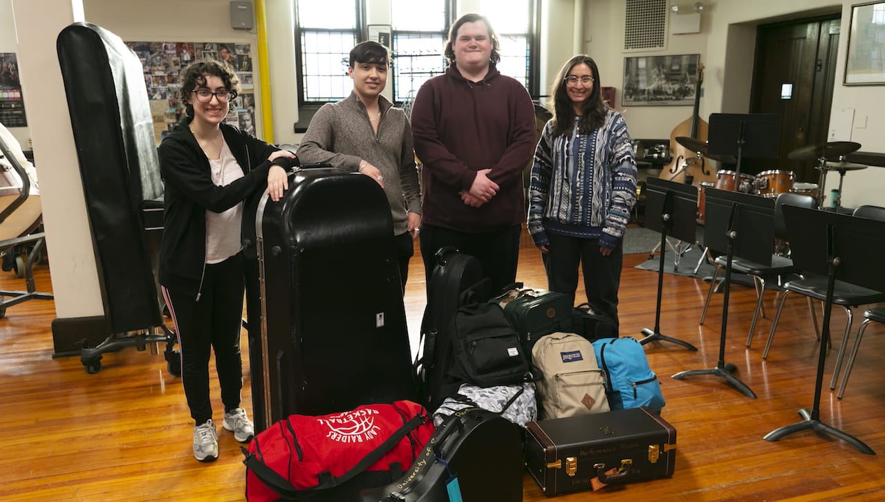 Four University of Scranton Performance Music students were selected to participate and perform in the 75th Annual Pennsylvania Intercollegiate Band Festival at Mansfield University. Scranton is one of only four Pennsylvania colleges and universities to have students participate in every PA Intercollegiate Band Festival since 1982. From left: Sally Hopkins ’26, tuba; Anthony Torres ’25, French horn; Colin Gilmartin ’24, euphonium, and Tanya Siberon ’23, trumpet.