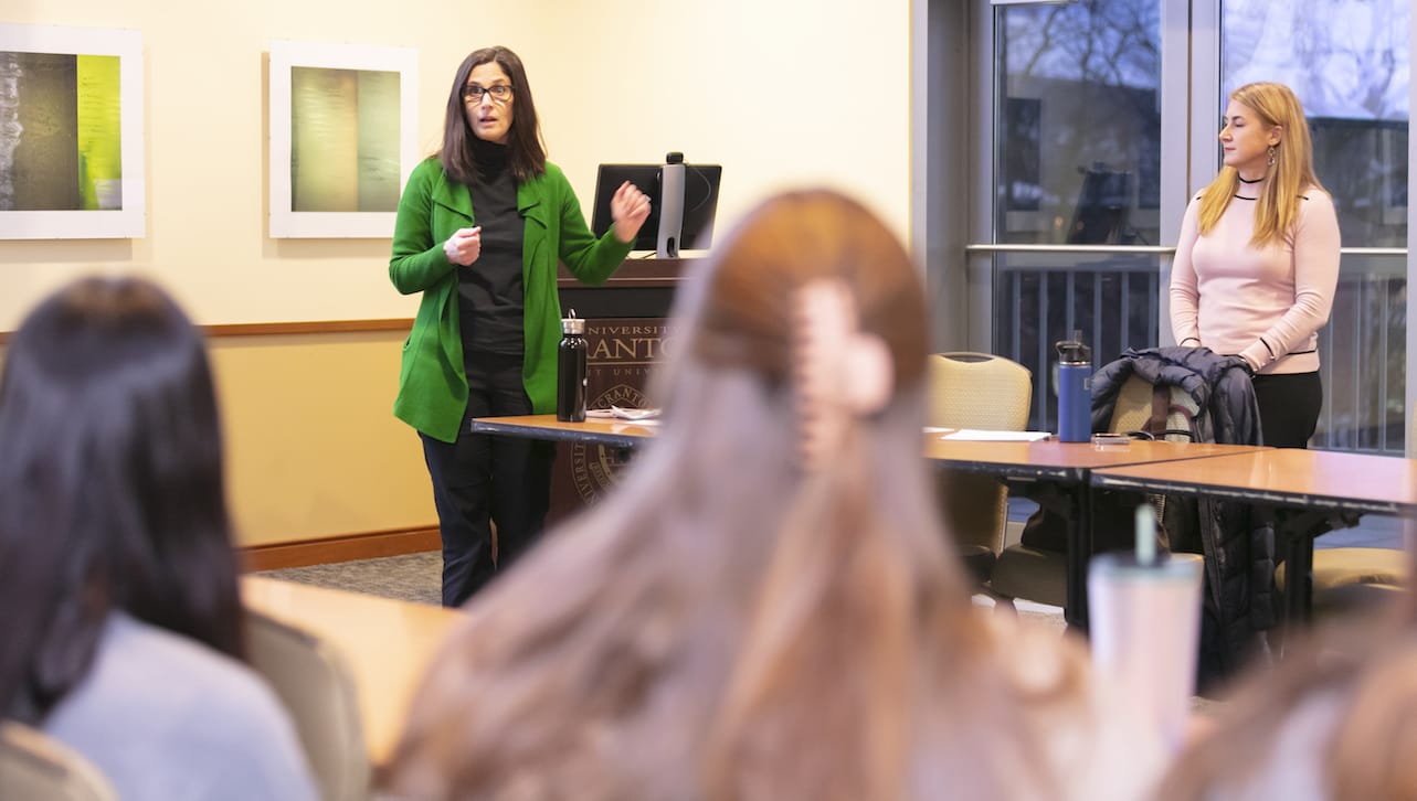 Lori Moran (left), director of The University of Scranton’s Center for Career Development, and Melissa Abda, a senior human resource generalist at the University’s Office of Human Resources, speak at a Salary Negotiation Workshop held on campus in March. The event was part of The University of Scranton’s “Celebrating Women: 50th Anniversary of Coeducation” and Women’s History Month programming.