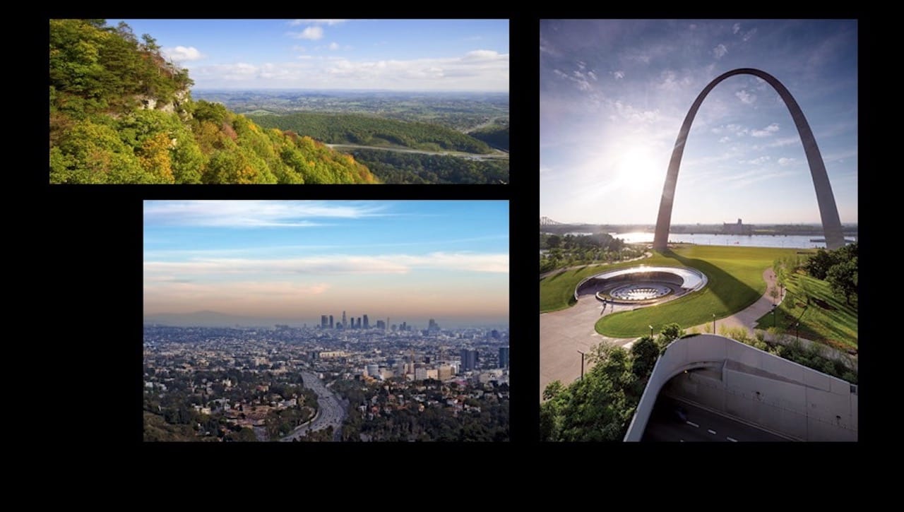 Images of Kentucky, St. Louis, Missouri, and Los Angeles, California on a background 