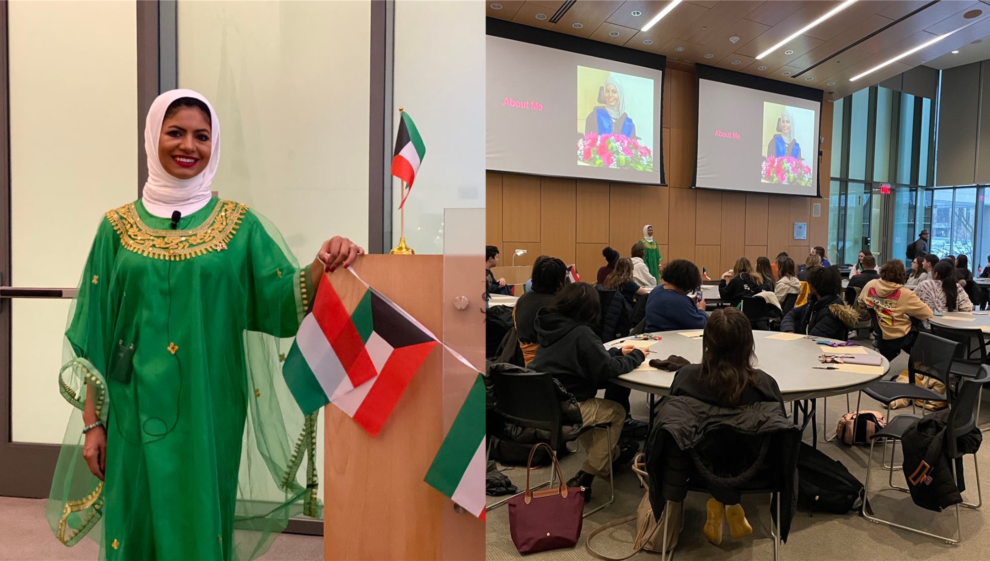 Left half of image features a woman displaying flags of Kuwait. Right half of the image features a crowded room with the woman at a podium with large screens behind her