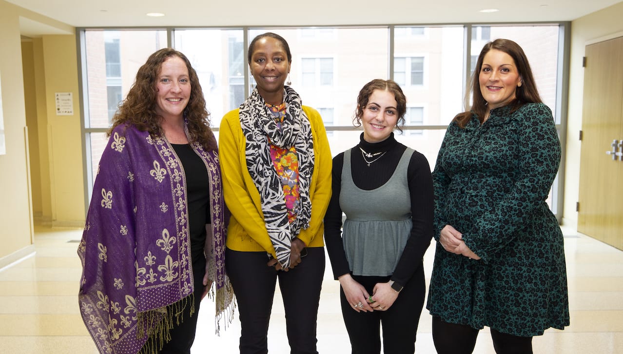 From left: Tammy Murphy, advocacy director, Physicians for Social Responsibility Pennsylvania; Tonyehn Verkitus, executive director, Physicians for Social Responsibility Pennsylvania; University of Scranton student Karla Shaffer ’24, Doylestown, who is majoring in political science major with an environmental science concentration; and Carolyn Bonacci, community and civic engagement coordinator.