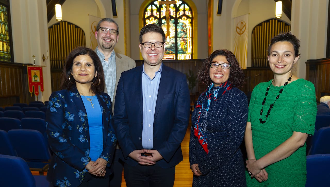 From left: Michelle Maldonado, Ph.D., provost and senior vice president of academic affairs; Daniel Cosacchi, Ph.D., vice president for mission and ministry; guest performer and speaker Tony Alonso; Alejandra Marroquin, Scranton Immigrant Inclusion Committee co-chair and Julie Schumacher Cohen, assistant vice president of community engagement and government affairs.