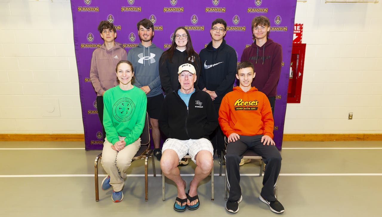 Delaware Valley High School placed first in the team competition at The University of Scranton’s annual Hayes Family Science Competition for High School Physics and Engineering Students. Seated from left: Rachel Frissell, faculty specialist for the University’s Physics and Engineering Department, team coach Steve Rhule and John Lockwood, who won first place in the individual competition. Standing from left: Nixon Kameen, Wil Salus, Jess Rhule, John Rivera and Clint Murray.