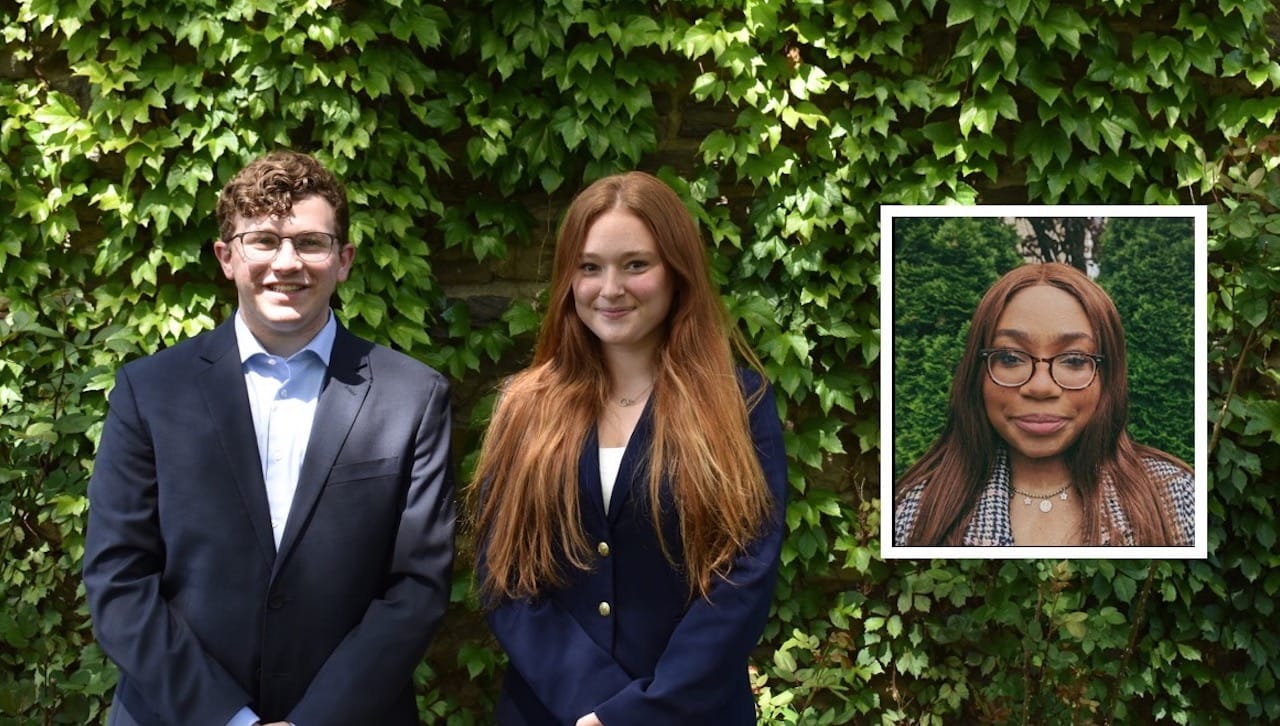 Three University of Scranton students were selected for national Common Home Corps program. From left: Thomas Elias ’24, a philosophy and theology and religious studies double major from Tunkhannock; Grace Lennox ’26, a political science and philosophy double major from Peckville; and Davida Padi ’25, a social media strategies major from Parsippany, New Jersey (photo insert).