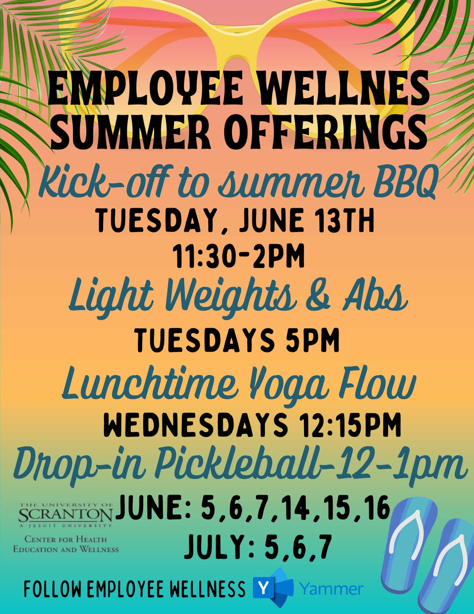 tropical ferns, yellow sunglass froames over sand and ocean blue colors with employye wellness class schedule. 