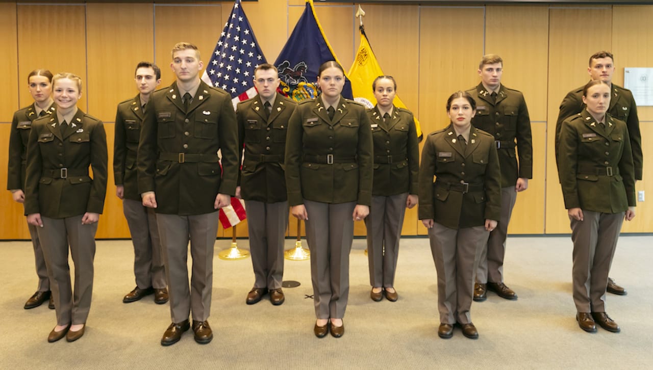 Eleven members of The University of Scranton’s Class of 2023 were commissioned as second lieutenants in the U.S. Army during a ceremony held May 20 in the Kane Forum of Leahy Hall on the University’s campus. Front row, from left, are: 2nd Lt. Emma R. Coar; 2nd Lt. Steven D. Gasperini; 2nd Lt. Rachel K. Gerzabek; 2nd Lt. Adelyne R. Ibanez; 2nd Lt. Sarah G. Kern. Back row: 2nd Lt. Julie R. Kilmer; 2nd Lt. Henry J. Lembo II; 2nd Lt. Declan B. Maurer; 2nd Lt. Josephine C. Middleton; 2nd Lt. Thomas A. Montefour; and 2nd Lt. Zachary J. Turnitza.