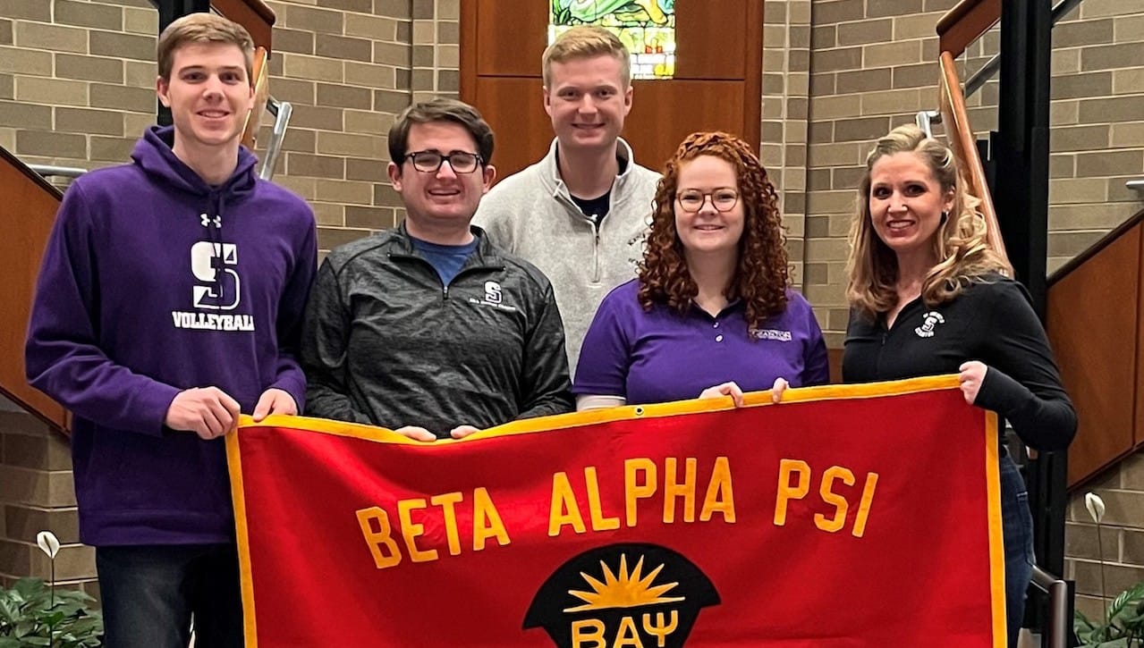 University of Scranton’s Nu Kappa chapter of the Beta Alpha Psi, the international honor society for financial information students and professionals, achieved Superior Chapter status for the 2022-2023 academic year. This is the top chapter achievement level recognized by the international organization.The 2022-2023 Beta Alpha Psi officers were, from left, Brett McCartney, vice president and treasurer; Aidan Cagner, president; Kevin Duffy, secretary; and Kaleigh Timmons, social engagement director; and Amanda Marcy, DBA, assistant professor of accounting and Beta Alpha Psi faculty advisor.