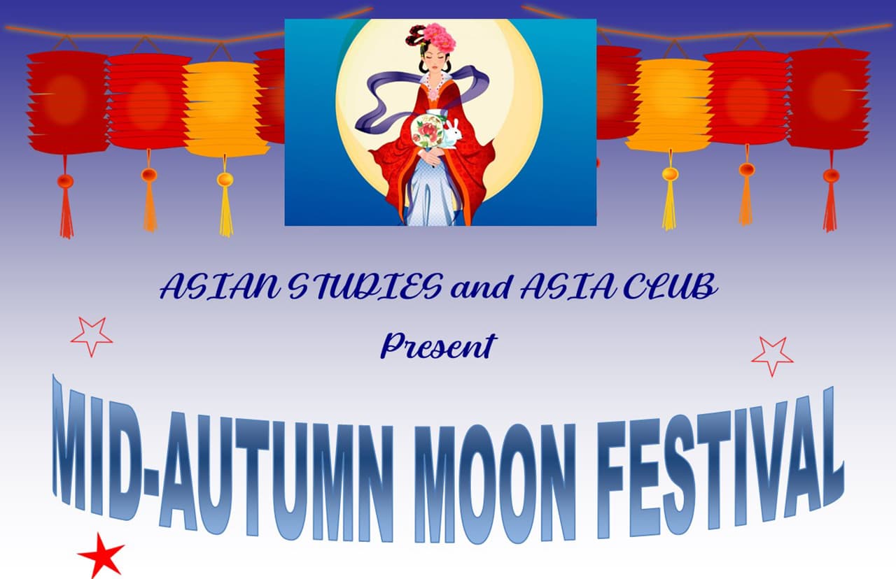 illustration with the phrase "Asian Studies and Asia Club present Mid-Autumn Moon Festival" and paper lanterns and stars