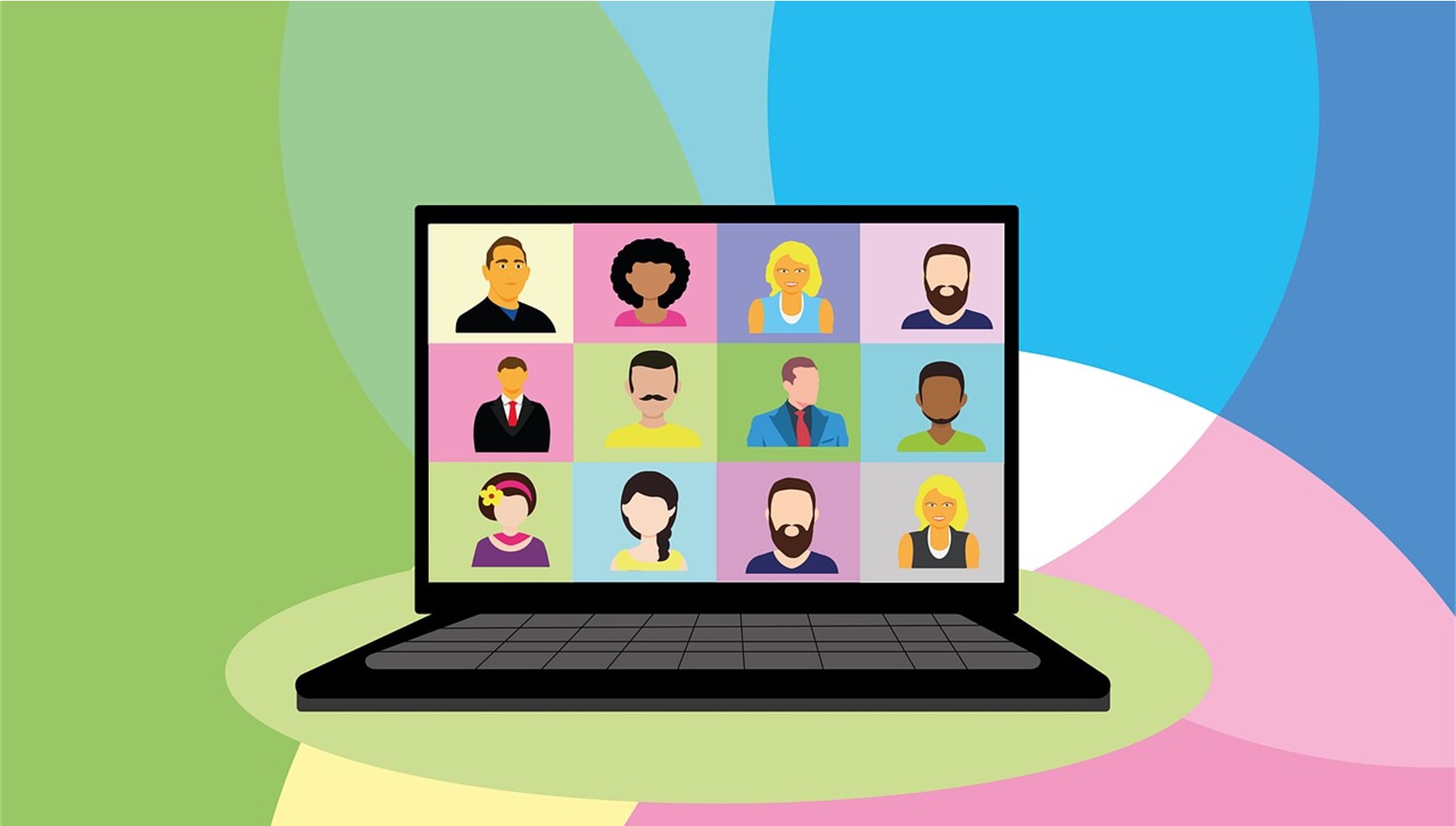 Cartoon multi color people in squares on a computer screen with multicolor.