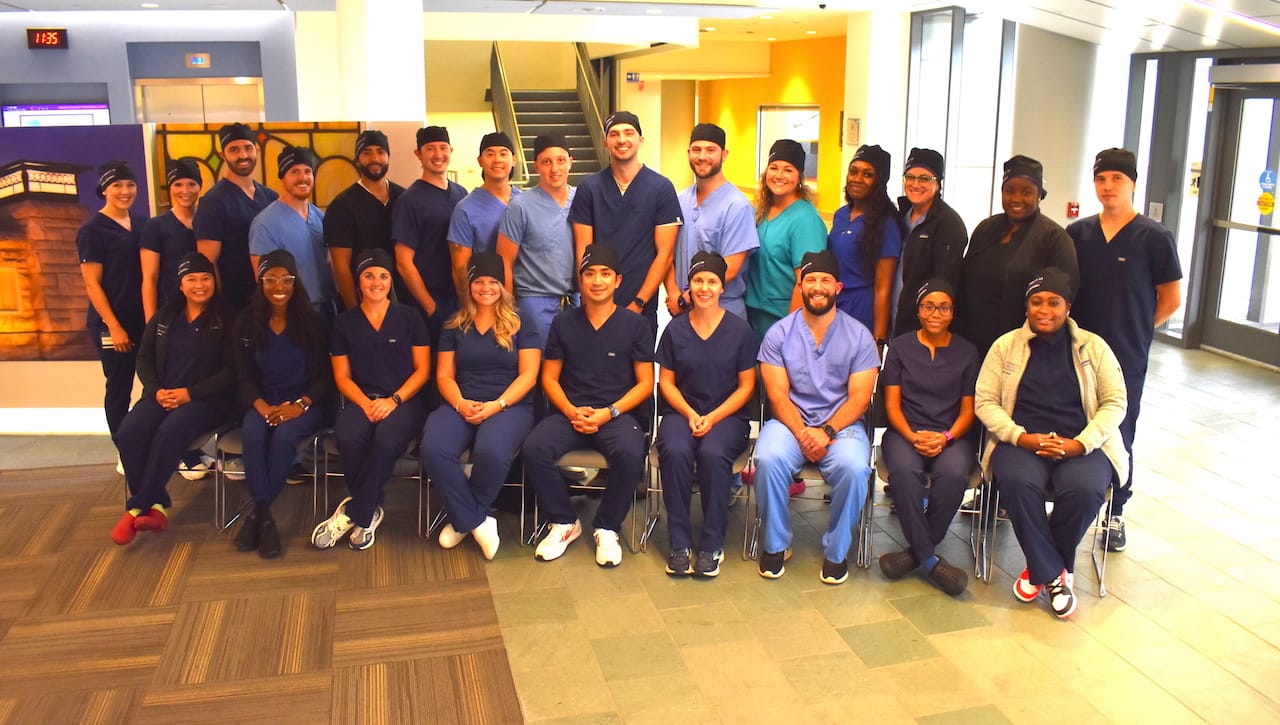 The University of Scranton held a capping ceremony for members of its class of 2025 graduate nurse anesthetist program who completed the rigorous first-year academic course requirements of the program and now will begin the clinical rotation portion of the three-year master’s degree program. First row, seated, from left: Paulina Luong, Sarafina Alexandre, Paighton Martin, Nicole Perlik, Peter David Descallar, Kara Stage, Dan Bigatel, Rachel Sainte and Bilikisu Hassan. Standing: Emily Blunnie, Kylee Bushta, Thomas Magdelinskas, Peter Sidari, Michael Puello, Brandon Perrotte, Tommy Nguyen, Michael Rocco, Ridge Spackman, Dean Richards, Stephanie Russick, Katerine Somefun, Cheryl Rice, Juliana Okafor and Andriy Androshchuk.