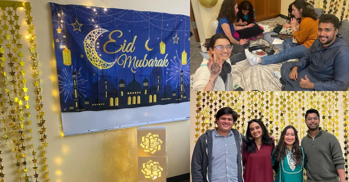 photo collage of students and room decorated with 'Eid Mubarak' banner