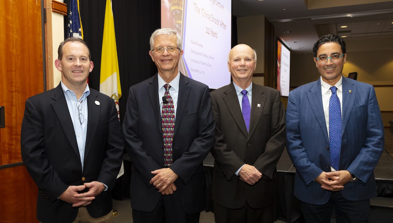 Robert C. Feenstra, Ph.D., the C. Bryan Cameron Distinguished Chair in International Economics at University of California (UC), Davis, presented “The ‘China Shock’ After 22 Years,” at The University of Scranton’s 37th Henry George Lecture. From left: John Ruddy, D.P.S., associate professor of economics and finance; Dr. Feenstra; Mark Higgins, Ph.D., dean of the Kania School of Management; and Iordanis Petsas, Ph.D., professor and chair of the Department of Economics and Finance.