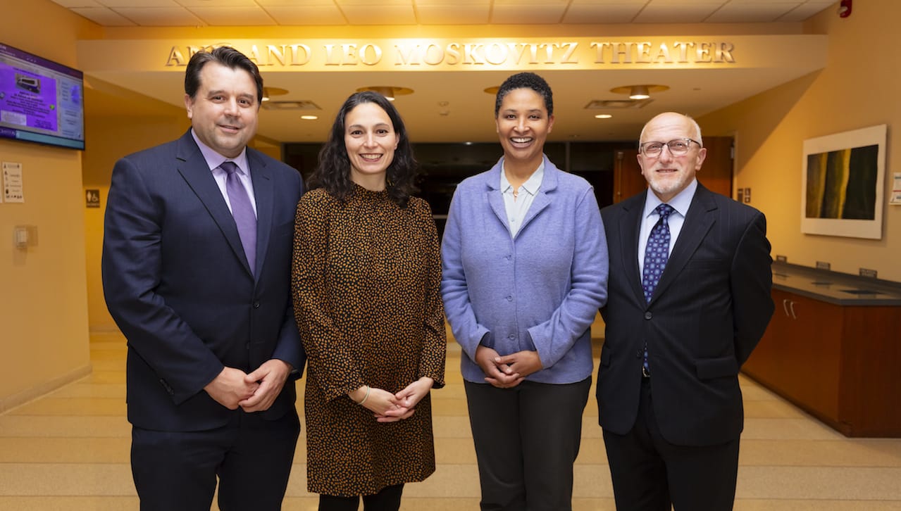 Harvard University professor and author Danielle Allen, Ph.D., spoke at the 2023 T. Linus Hoban Forum Lecture and humanities lecture, which formally concluded the Scranton’s Story, Our Nation’s Story project. From left are: Matthew Meyer, Ph.D., professor of philosophy at the University, who served as moderator of the question and answer session of the lecture; Julie Schumacher Cohen, director of Scranton’s Story, Our Nation’s Story project and the assistant vice president of community engagement and government affairs at the University, who provided the welcome at the talk; Dr. Allen; and John Mascelli, Esq., president of the Lackawanna Bar Association, who provided the introduction of speaker.