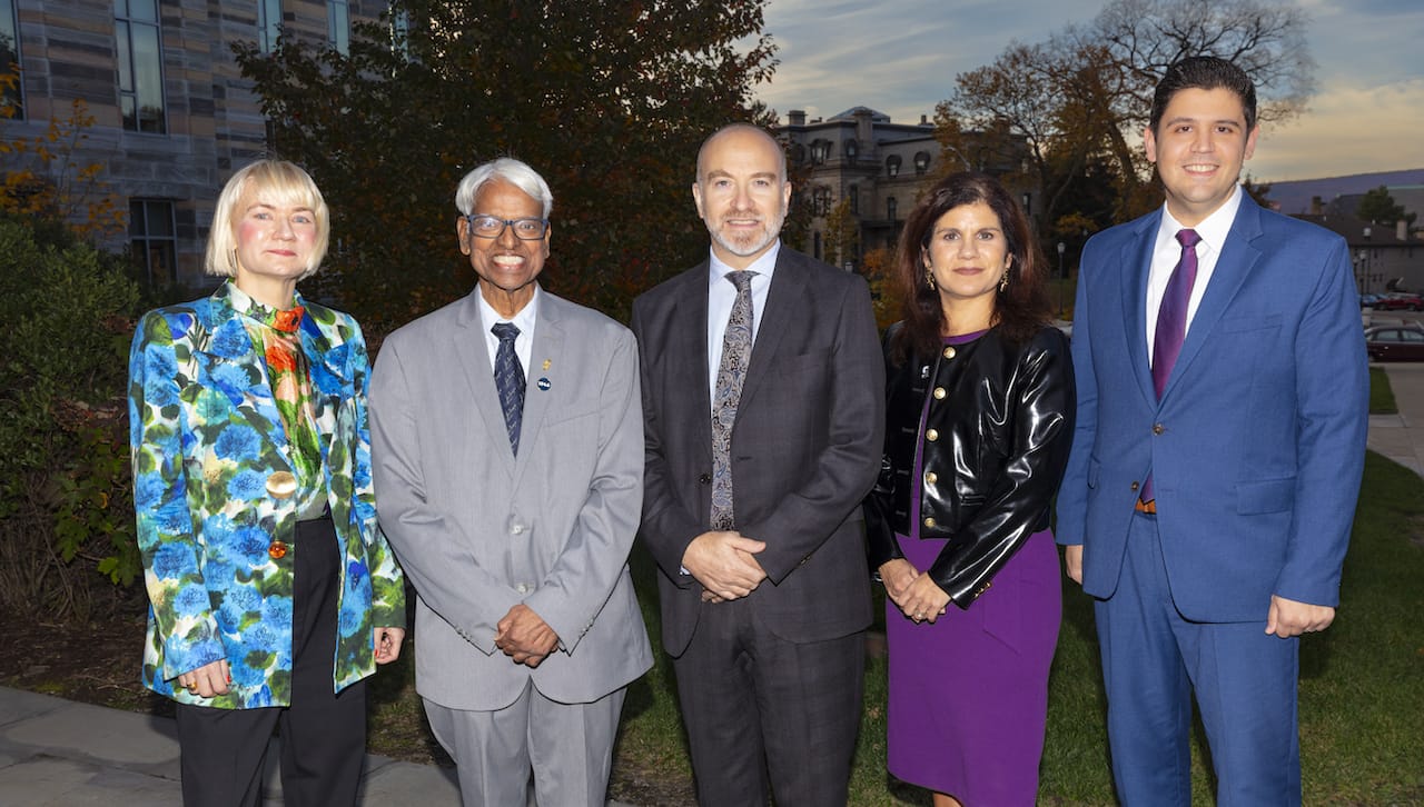 From left: Frederikke M. Kristiansen; Dr. Jay Nathan; Ambassador Stig P. Piras; Michelle Maldonado, Ph.D., provost and senior vice president of academic affairs at The University of Scranton; and George J. Aulisio, dean of the Weinberg Memorial Library at the University.