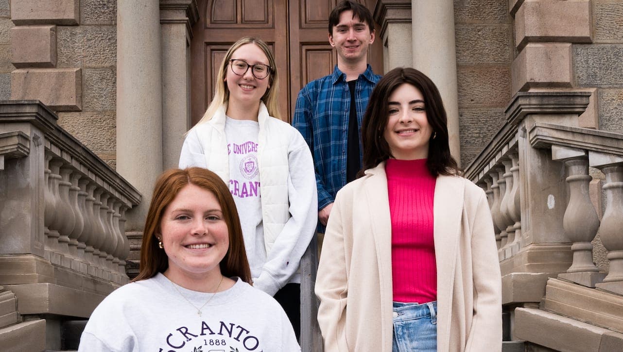 Five University of Scranton students were named 2023 Sanofi Excellence in STEM Scholars.Front row, from left: Fione Evans ’24 and Tabitha R. Berger ’24. Back row: Madelyne M. Gasper ’25 and Brian L. White ’25, Arissa J. Chambers ’25 was absent from photo.