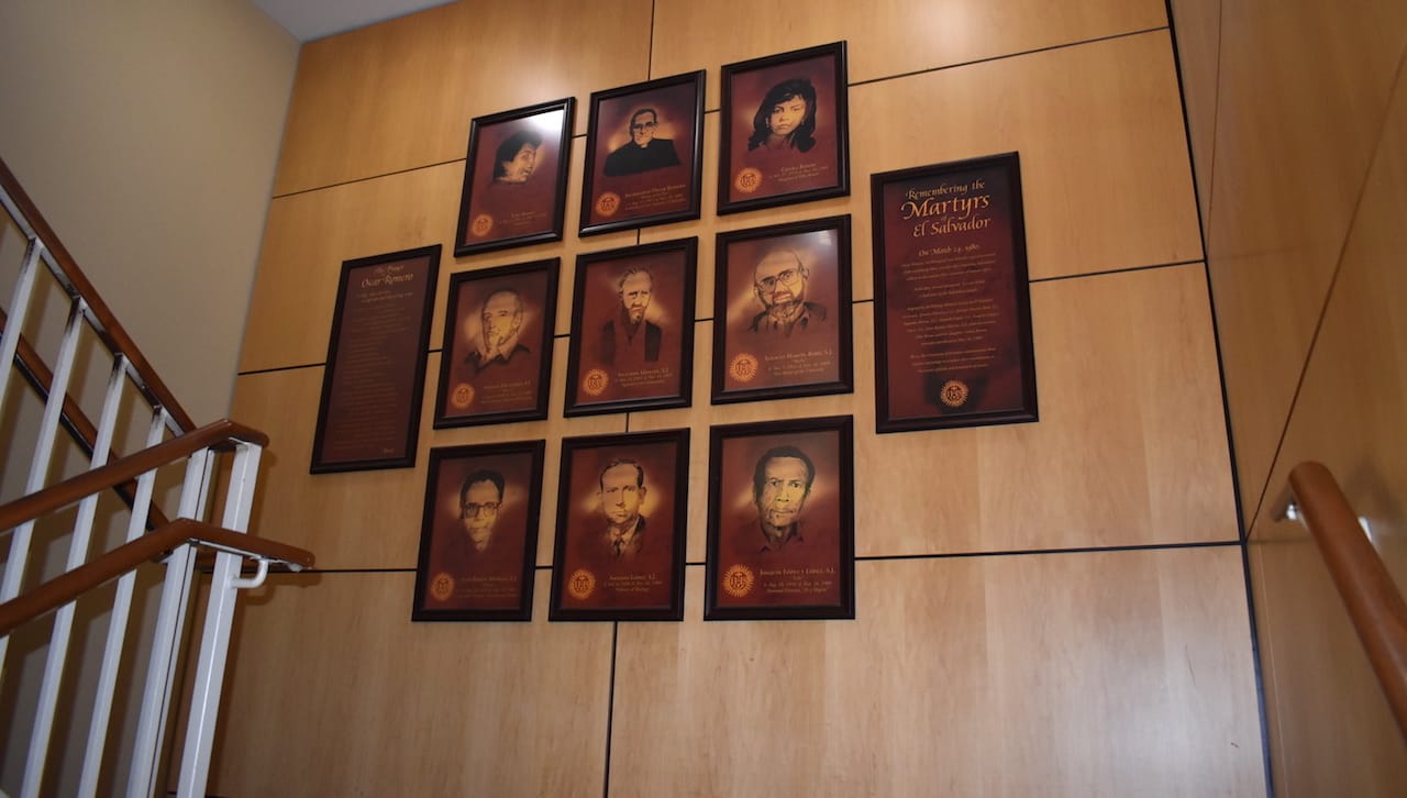 University of Scranton students walk by the portraits of the Martyrs of El Salvador daily on the way to breakfast, lunch or dinner at the third-floor Fresh Food Company of the DeNaples Center.