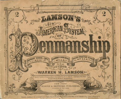 Payson, Dunton & Scribner’s Combined System of Rapid Penmanship, shown, published in 1855 by Crosby, Nichols, Lee & Company, Boston. This series, along with manuals from P. R. Spencer, were formative in later 19th century American penmanship.
